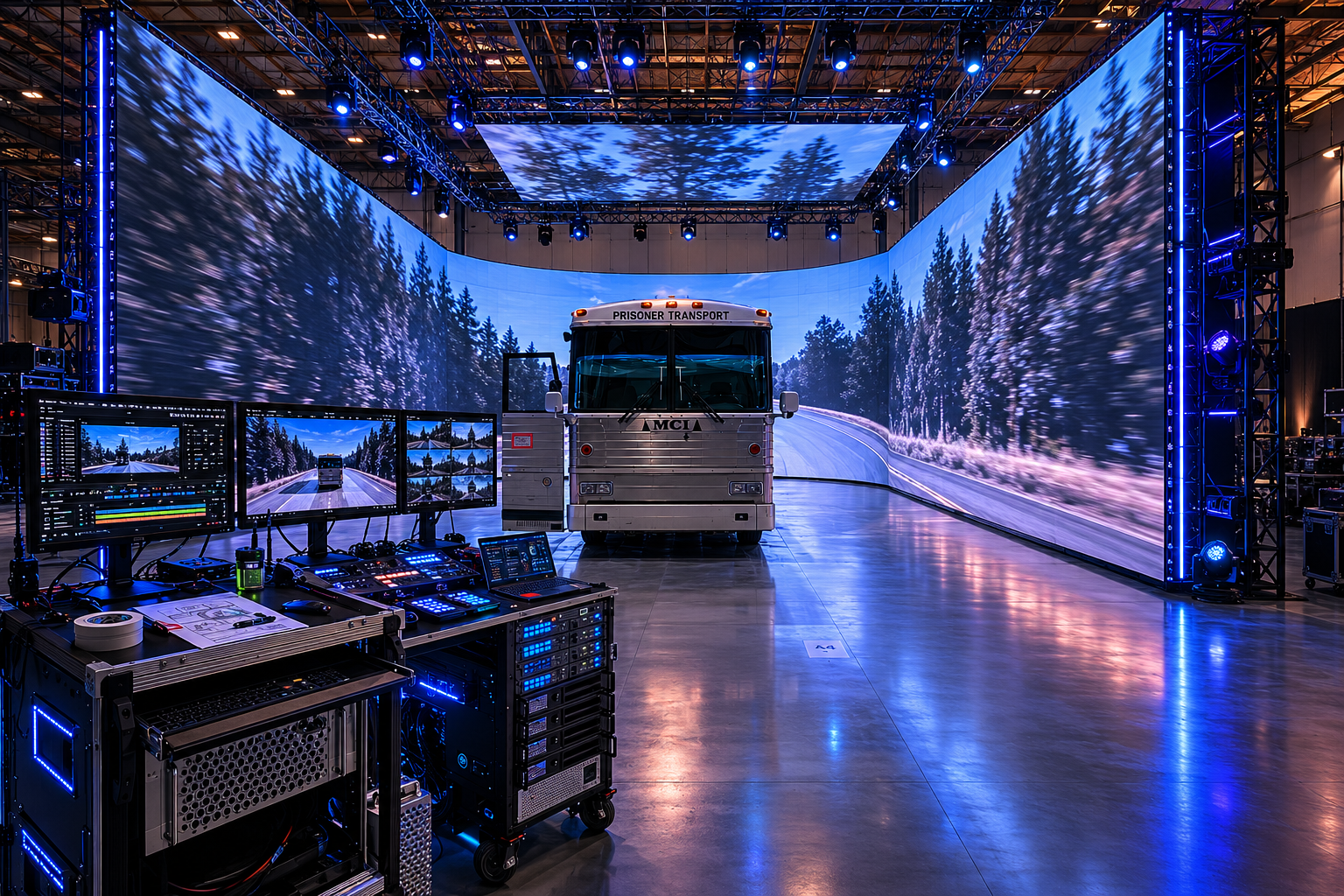 Large curved LED wall and LED volume stage with driving plates, media server playback, and production control monitors.