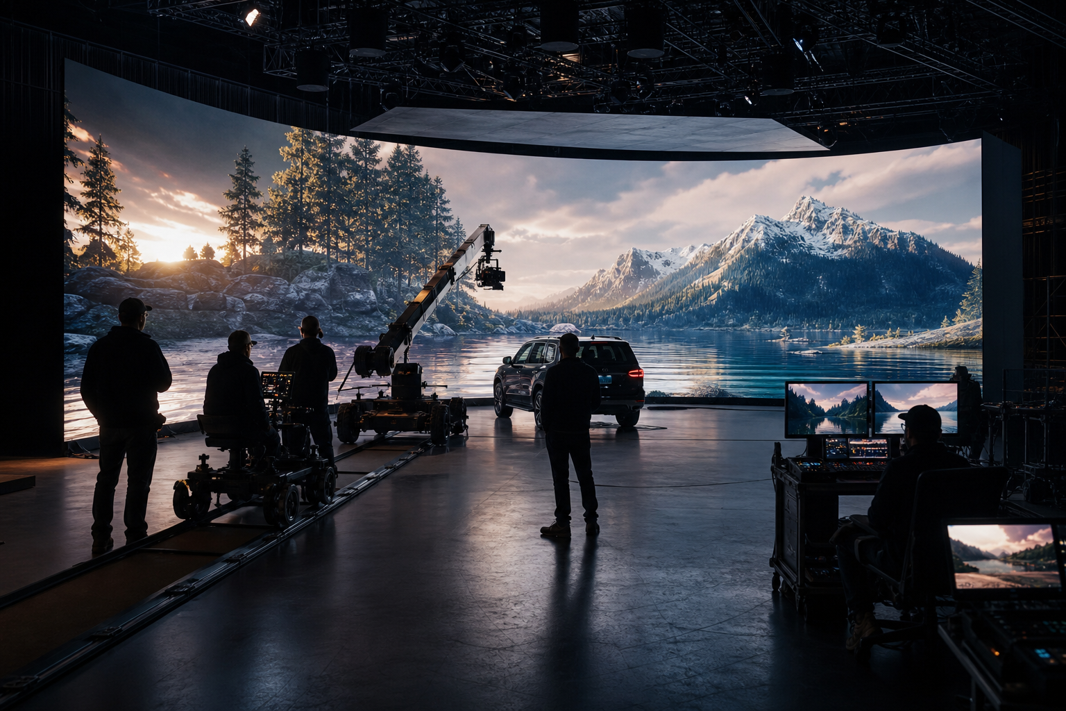 Virtual production LED stage with crew and scenic wall.